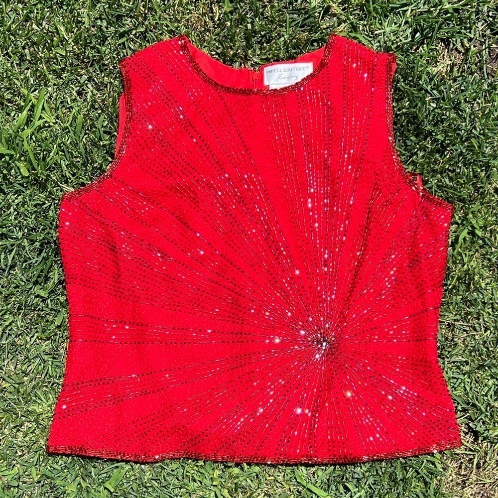 Vintage Papell Boutique Heavily Beaded Starburst Sleeveless Evening Blouse Large